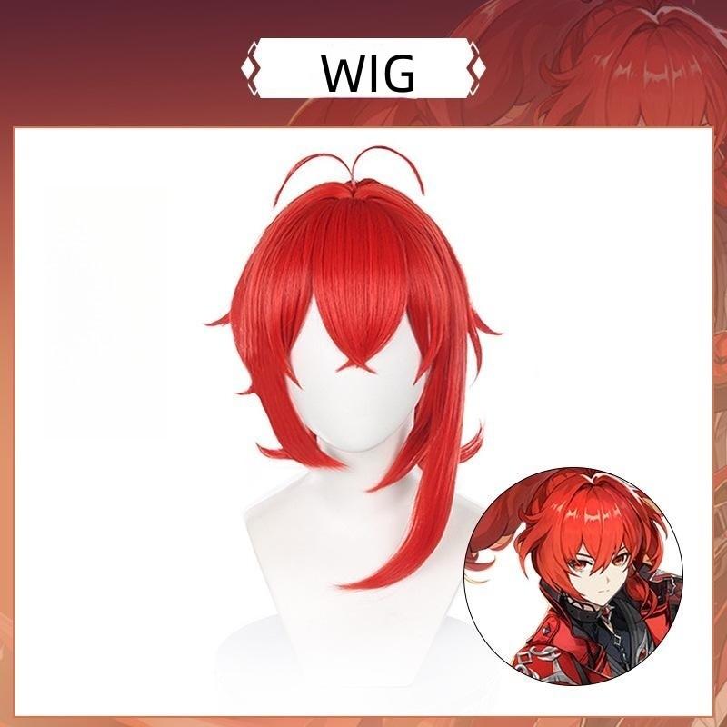 New Game Diluc New Costume Full Set Red Coat Pants Unisex Adult Game Cosplay Costume Halloween Party Unifrom Wig