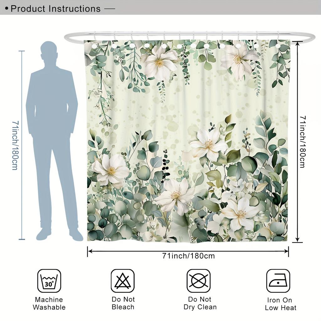1pc Machine Washable Polyester Shower Curtain - Wildflower Botanical Design in Green & Beige, 71x71", 12 Hooks, Farmhouse Style