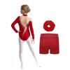 Girls Figure Skating Dance Set Long Sleeve Keyhole Back Sheer Mesh Patchwork Sparkly Rhinestones Leotard Shorts Hair Band