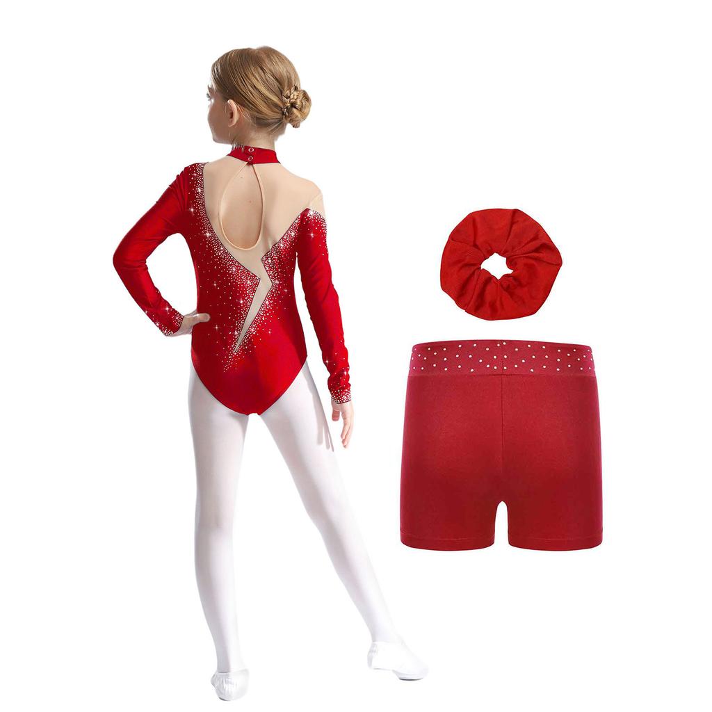 Girls Figure Skating Dance Set Long Sleeve Keyhole Back Sheer Mesh Patchwork Sparkly Rhinestones Leotard Shorts Hair Band