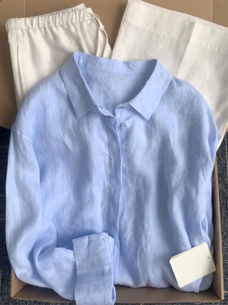 Women s French Linen Long Sleeve Shirt - Spring/Autumn Style, Lightweight, Loose Fit, Sun Protection Top Extra Large светло-синий