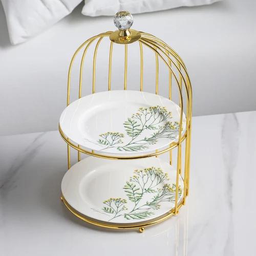 Schmiedeeisen Keramik Tortenständer Obstschale Doppelschicht Kuchenform Snack Dessertteller Displayständer Desktop Dekorativer Rahmen