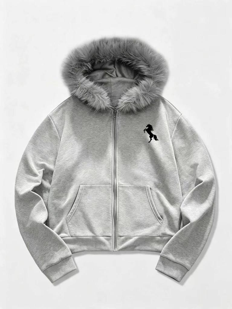 Zip Up Fur Trim Hood Sweatshirt, Men Hooded Jacket for Cool Days, Daily Commute and Street Matching