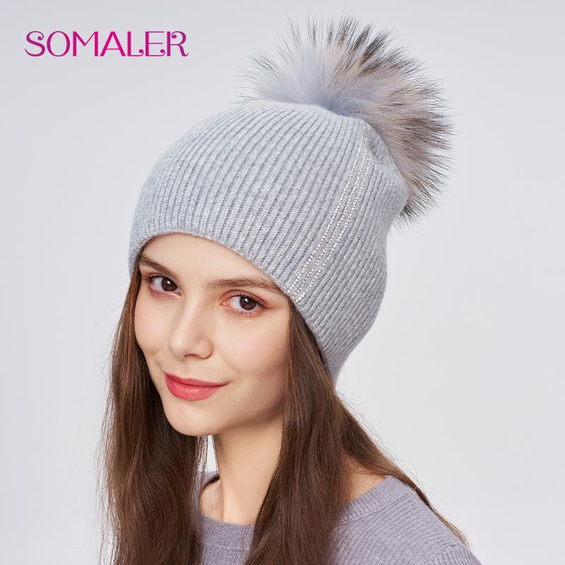 SOMALER Women Winter Fur Pom Pom Hat Wool Knit Beanie Hat With Rhinestone Warm Double Layer Luxury Fur Bobble Outdoor Cap