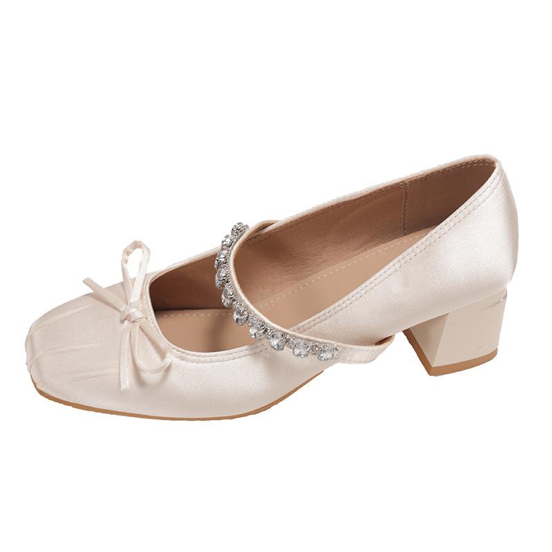 Rhinestone bow French Mary Jane single shoes women's 2025 spring and autumn new retro square head medium heel thick heel high heels