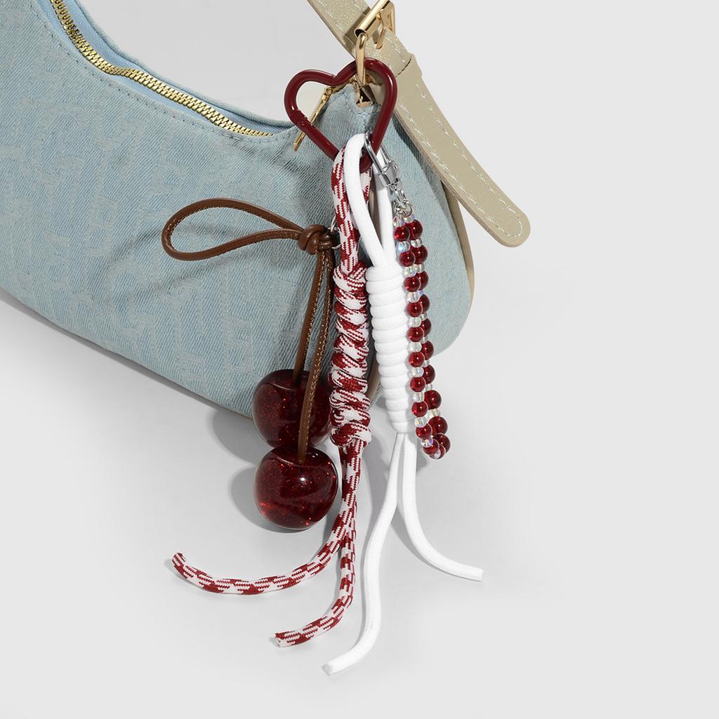 Fashionable Cherry Keychain For Daily Use Soft Braided Rope With Alloy Detail Bead Bag Charm Key Holder Bags Pendant