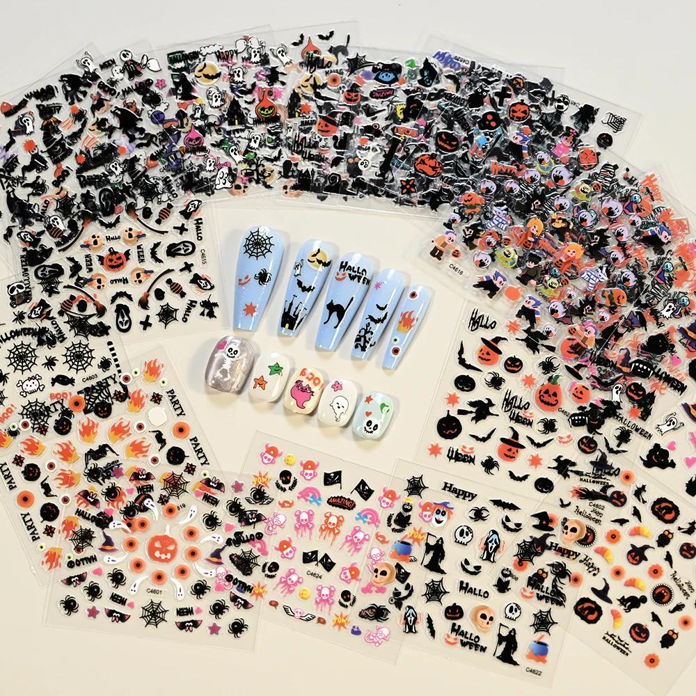 24 Sheets 3D Colorful Halloween Nail Art Stickers Self-adhesive Evil Pumpkins/bats/spiders/owls Nail Decals Y2K November1st Nail