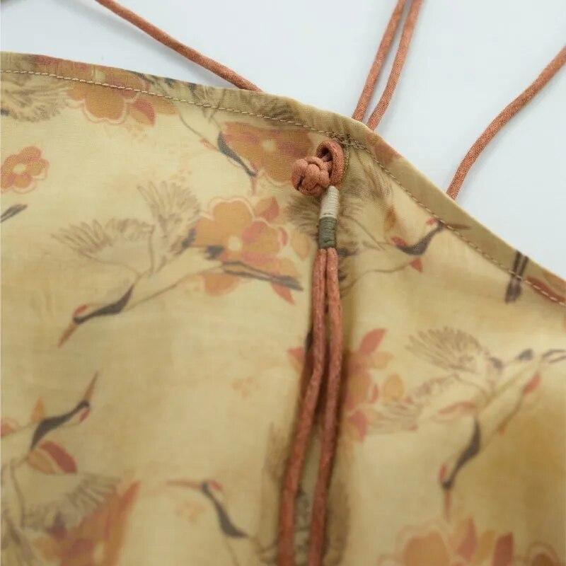 Johnature Dámské jarní camis v čínském stylu Vintage bavlněný potisk květinové topy Dámské camis