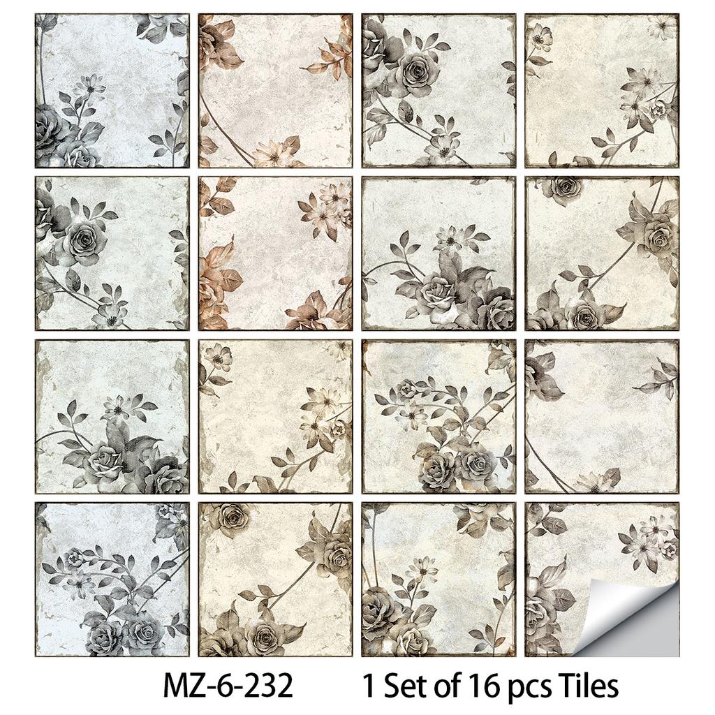 16Pcs/Set Retro Flower Tile Stickers Peel and Stick Waterproof PVC Wall Decals Matte Anti-Slip Floor Wallpaper for Living Room Bathroom Decor