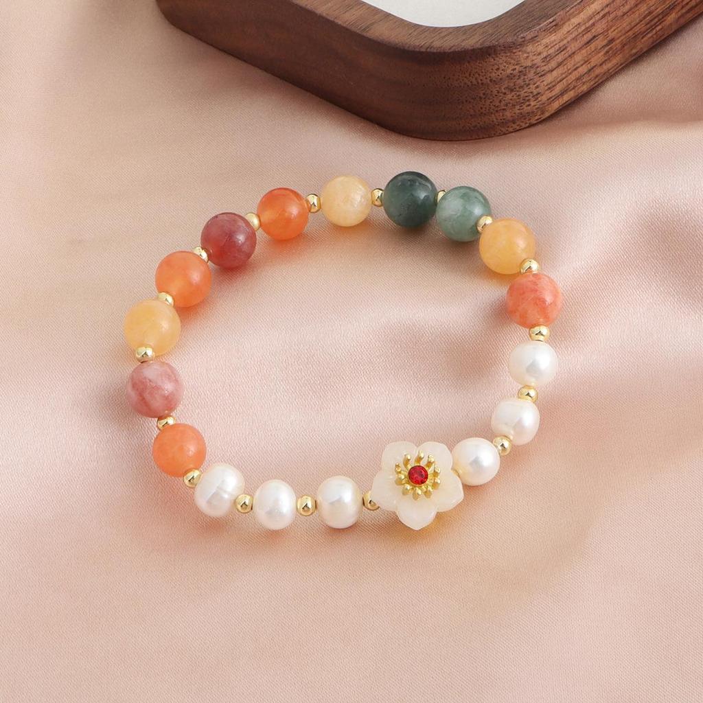 Natural Pearl & Rose Quartz Aquamarine Bracelet | Chinese Style Peach Blossom Jewelry