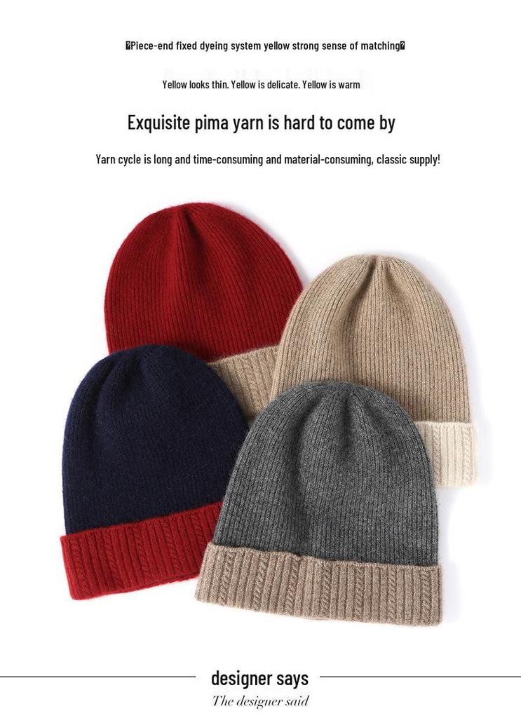 Unisex 100% Cashmere Color Block Knit Hat with Ear Protection
