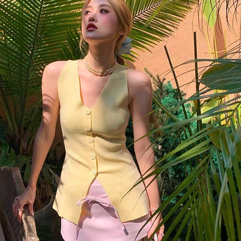 Summer Women'S Sexy Solid Color V-Neck Single-Breasted Sleeveless Slim Knitted Vest