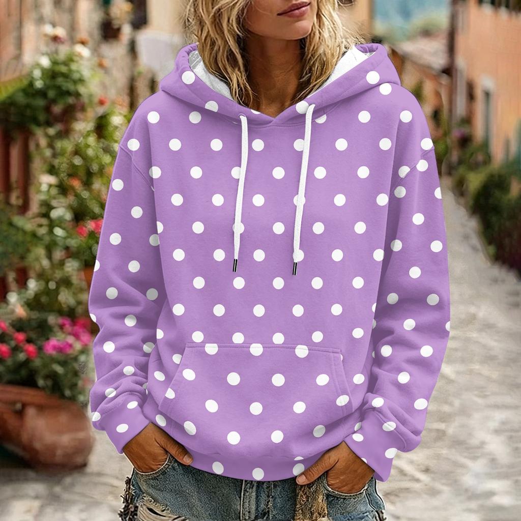 Women's Polka Dot Print Hooded Long Sleeve Sweatshirt with Pocket and Casual Top