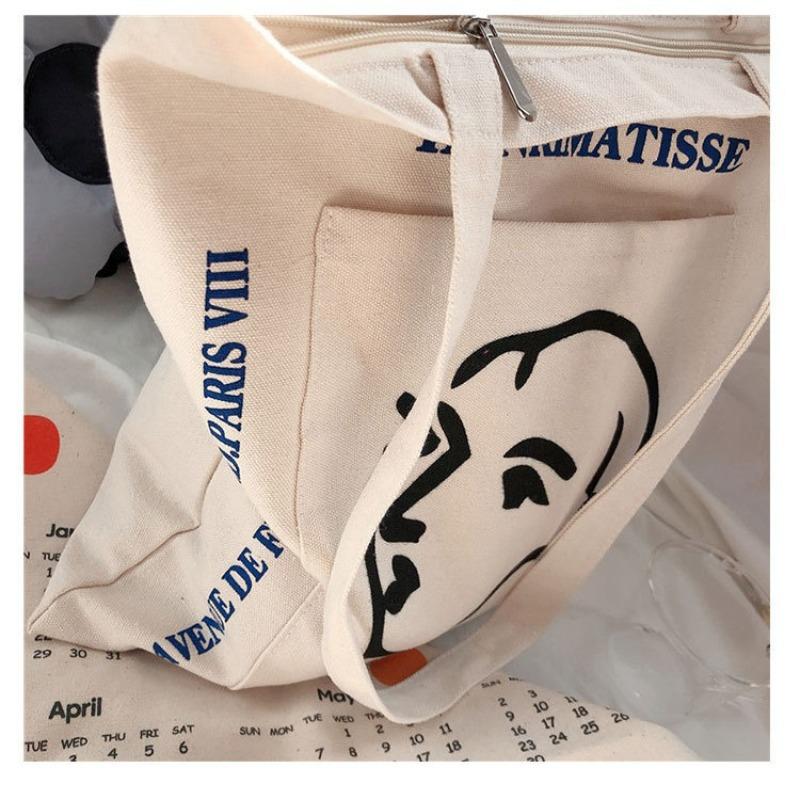 Simple female avatar printed canvas bag shoulder bag outer pocket cloth bag commute