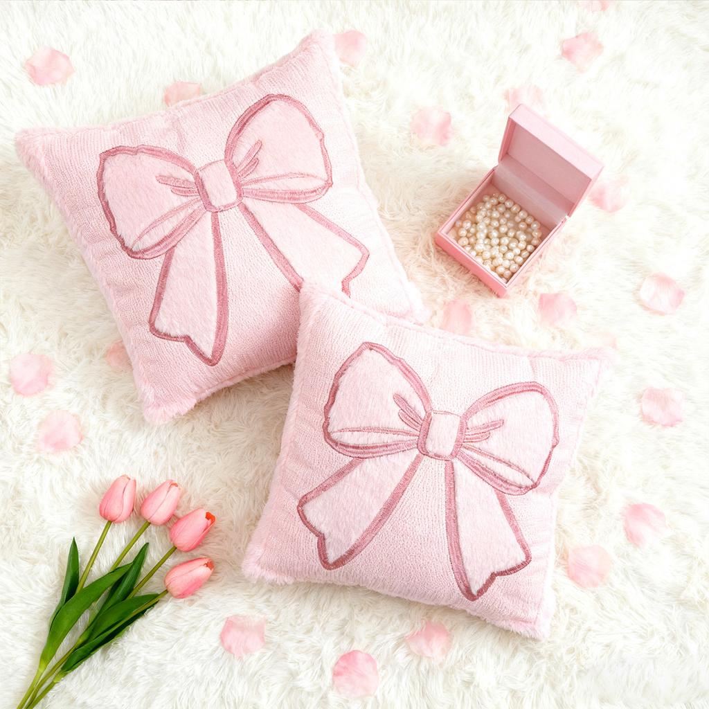 Quilted Plush Bow Pillowcase Valentine's Day Two-Tone Sofa Backrest Cushion Pillowcase