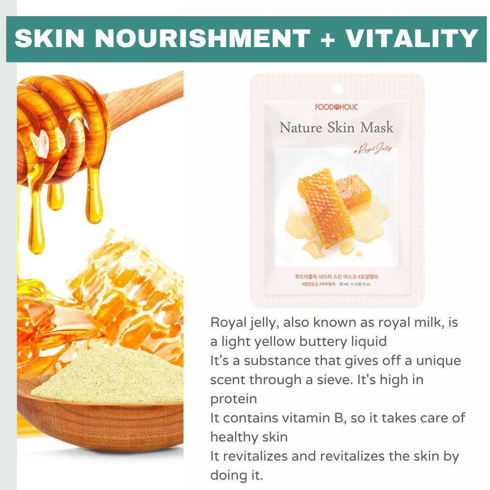 FoodaHolic Nature Skin Mask Royal Jelly 23ml X 10 Sheets - Deeply Nourishing & Glow-Enhancing Facial Sheet Mask Pack for Radiant Skin(10 Sheets)
