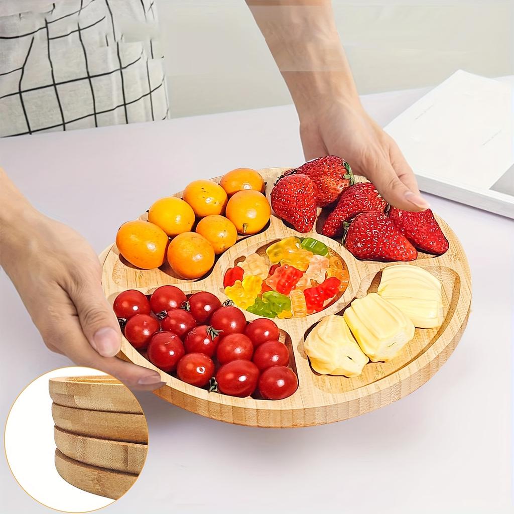 1pc 5-Compartment Bamboo Snack Tray, Food-Grade Storage Plate for Living Room Coffee Table, Suitable for Home Decor