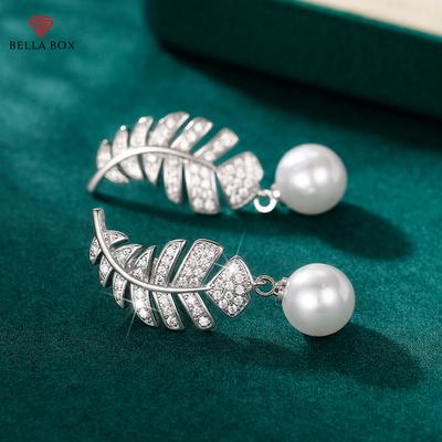Exquisite Silver Color Feather Imitation Pearl Drop Earrings For Women Wedding Engagement Fashion Elegant Female Jewelry