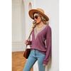 Solid Color Lace V-neck Color-block Loose Long Sleeve T-shirt Top Fall Winter New Arrival for Europe America Cross-border Trade