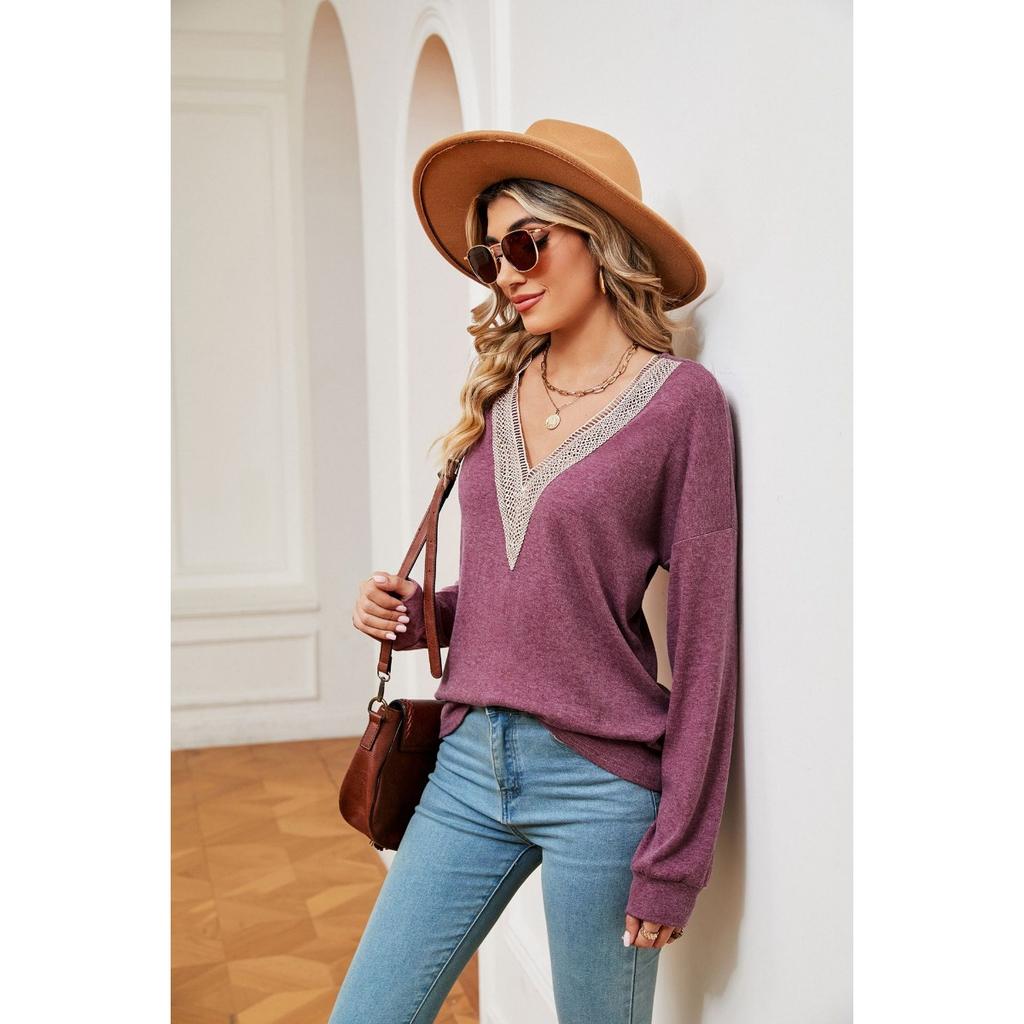 Solid Color Lace V-neck Color-block Loose Long Sleeve T-shirt Top Fall Winter New Arrival for Europe America Cross-border Trade