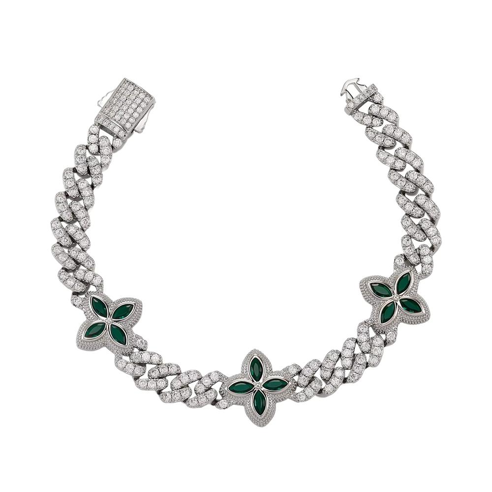 Hot Selling Exquisite Hip Hop Jewelry Single Row CZ Iced Out 10mm Cuban Link Green Zircon Flower Four Leaf Clover Bracelet