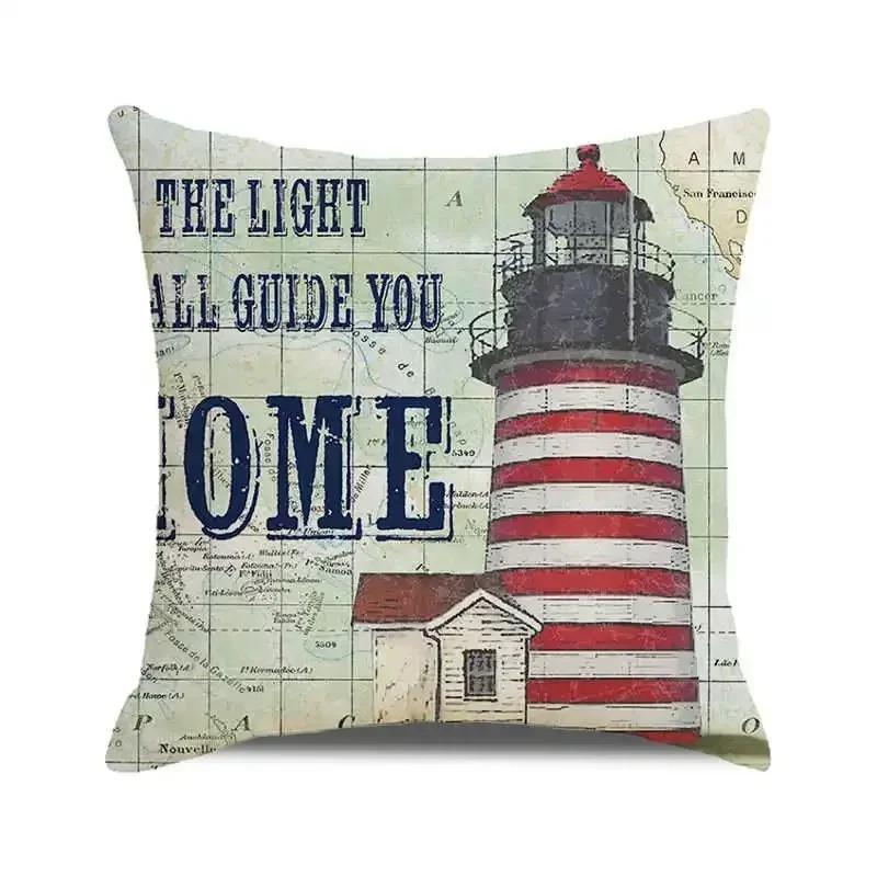 Watercolor Painting Nautical Lighthouse Ocean Seagull Boat Home Sofa Cushion Cover Home Decor Pillowcase