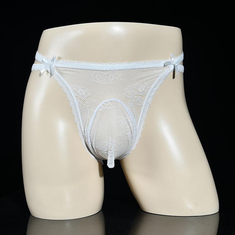Tanga simplu la modă pentru bărbați, cu talie joasă, dantelă sexy, fundiță, splicing, ultra subțire, transparent, elasticitate înaltă, confort, lenjerie intimă respirabilă WC96