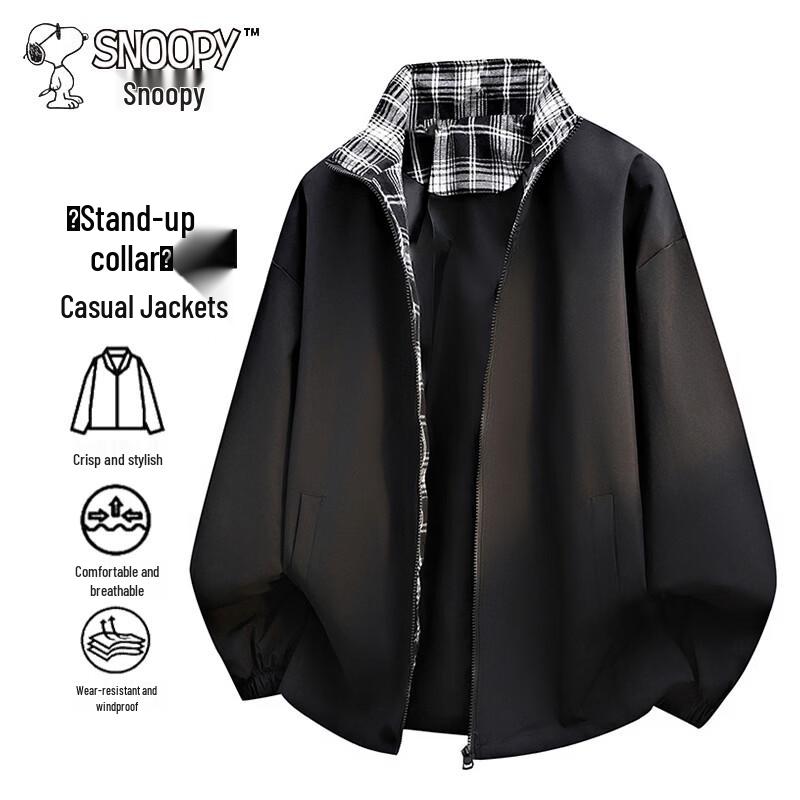 

Snoopy Men s Plaid Splicing Stand Collar Jacket 2XL