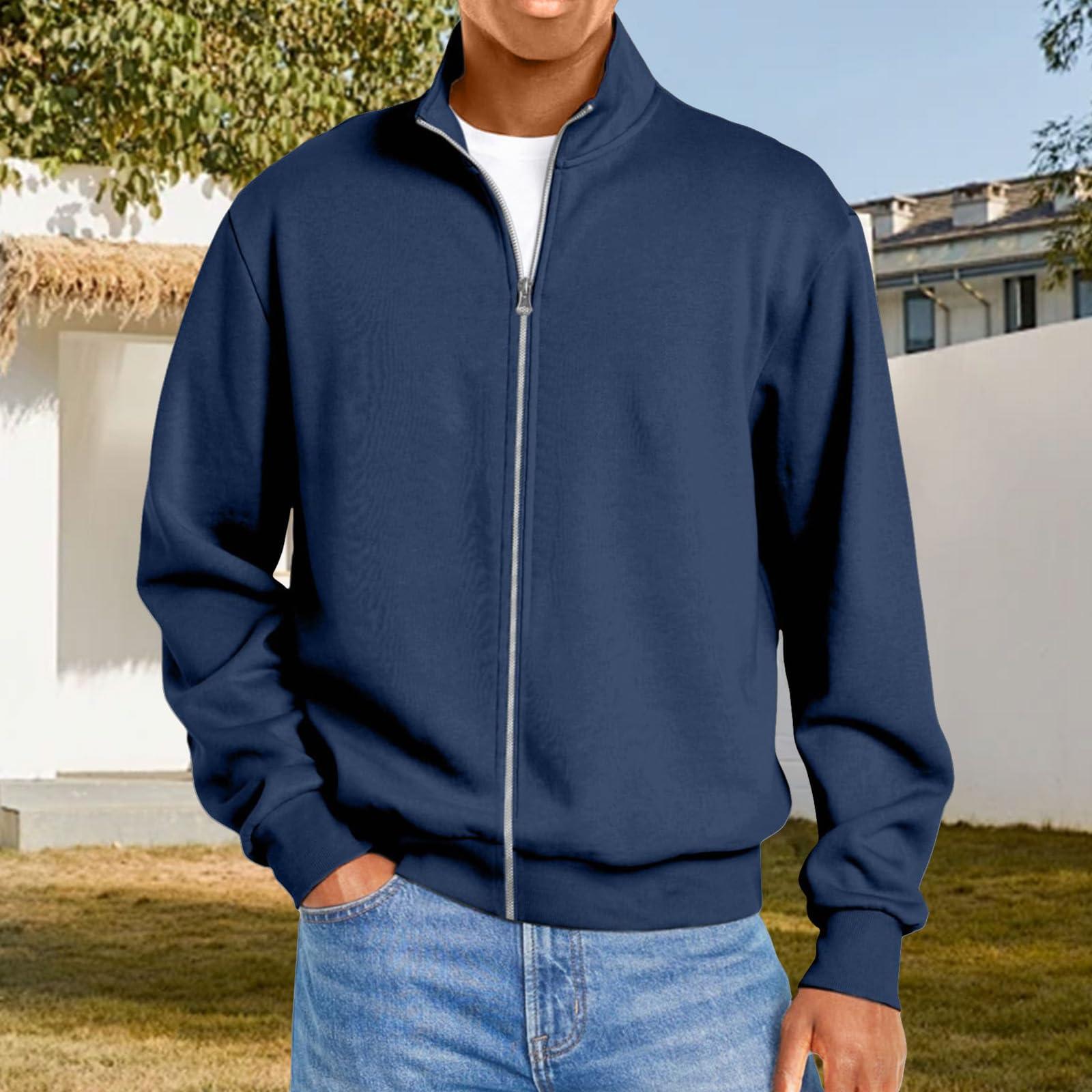 

Мужская повседневная футболка на молнии с длинным рукавом, свободного кроя, осенняя мода, стандартной посадки, кардиган M тёмно-синий
