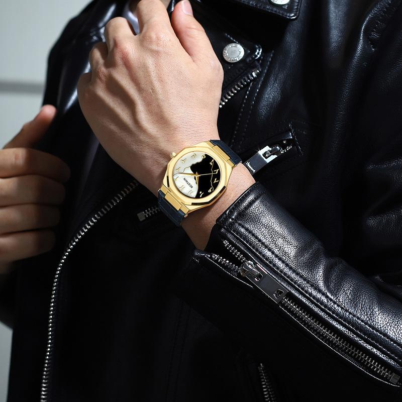 Fashon Bestwin Top Brand Men's Quartz Arabic numerals Leather Suitable For Daily Wear Festival Simple Business Waterproof Watch
