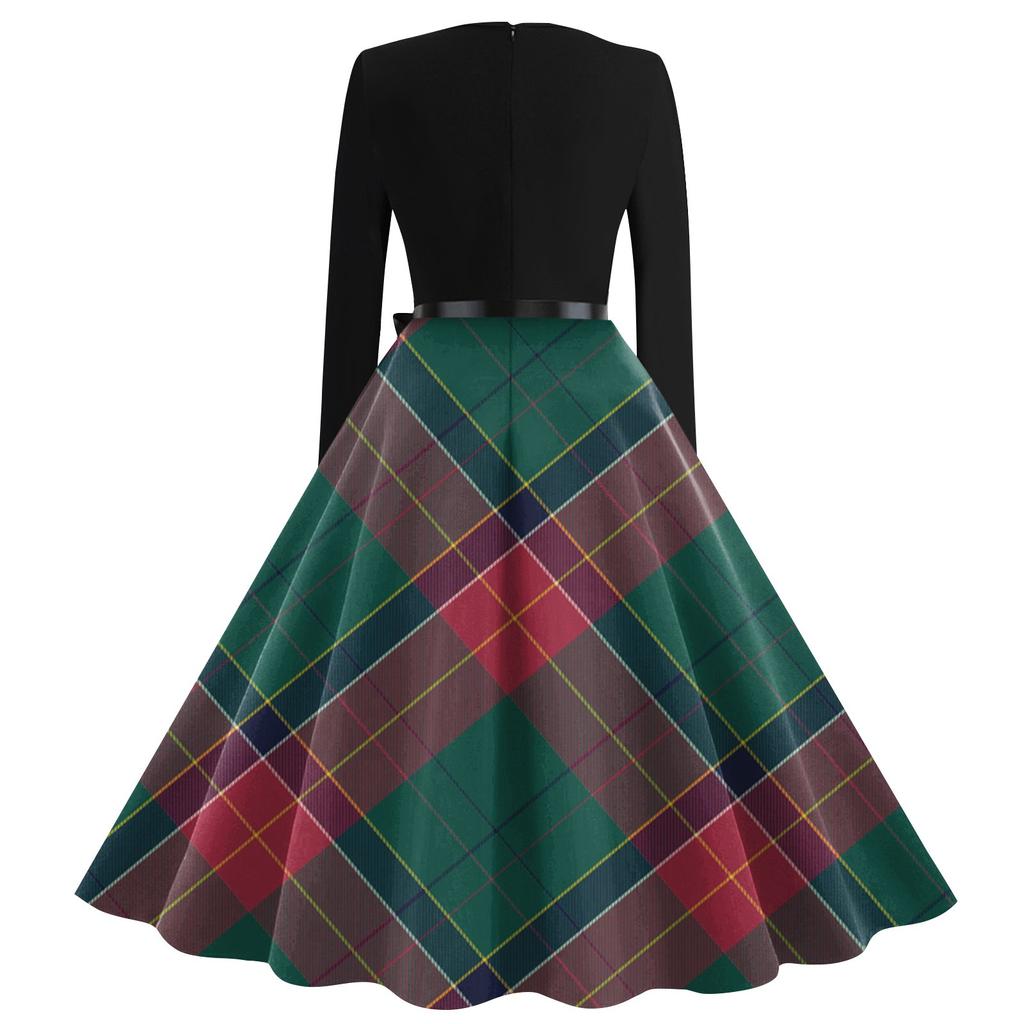 Women's Vintage Plaid Printed Long Sleeve Round Neck Plus Size Evening Prom Dresses