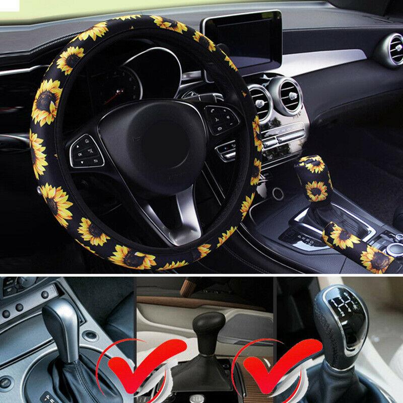 3-teiliges Set Einzigartige Sonnenblumen Auto Lenkrad Handbremse Schalthebel Abdeckung
