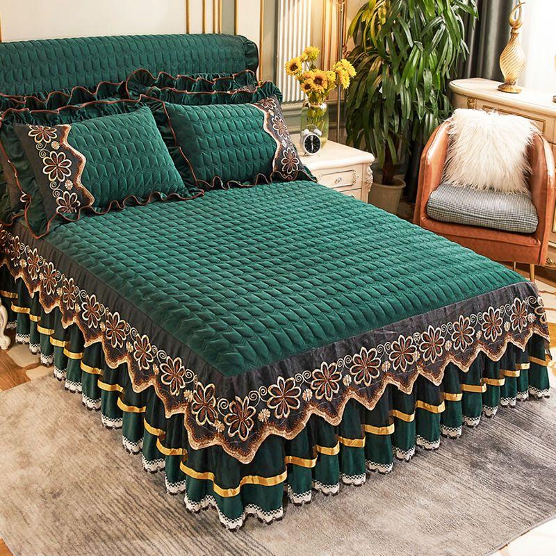 Europäische Luxus Tagesdecken Königin König Größe Prinzessin Kristall Samt Königin Bettwäsche Set Spitze Bett Rock Verdickt Warme Bettdecke
