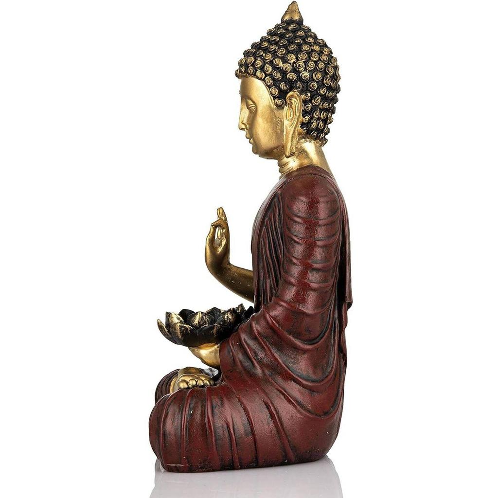 Meditating Sitting Buddha Statue Showpiece Idol Home Decor Living Room Gifts Decorative Showpiece - 27 Cm  (Resin, Red, Gold)