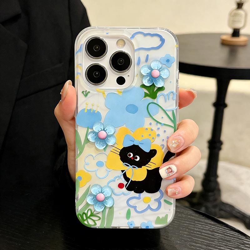 3D Dopamine Flower Cat iPhone Case for 16 Pro/17 Pro Max - Drop-Proof, Soft Cover
