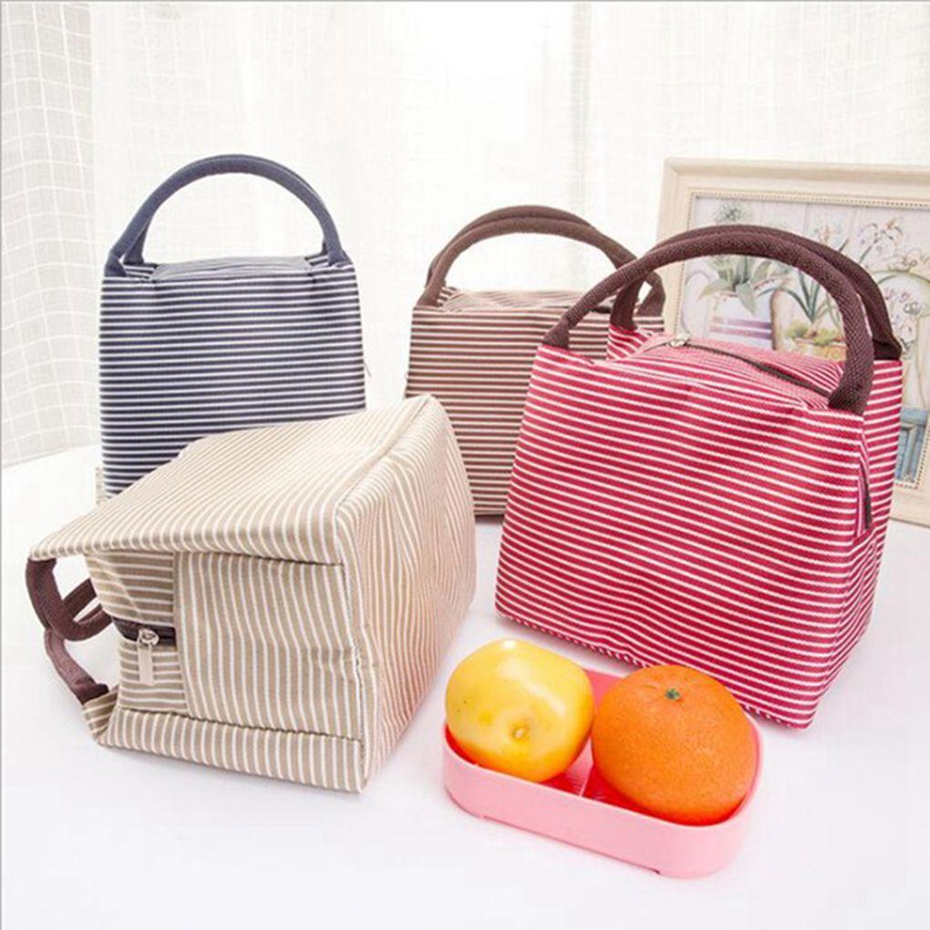 Womens Stripe Thermal Lunch Box Cooler Bag Insulated Picnic Handbag Food Bag