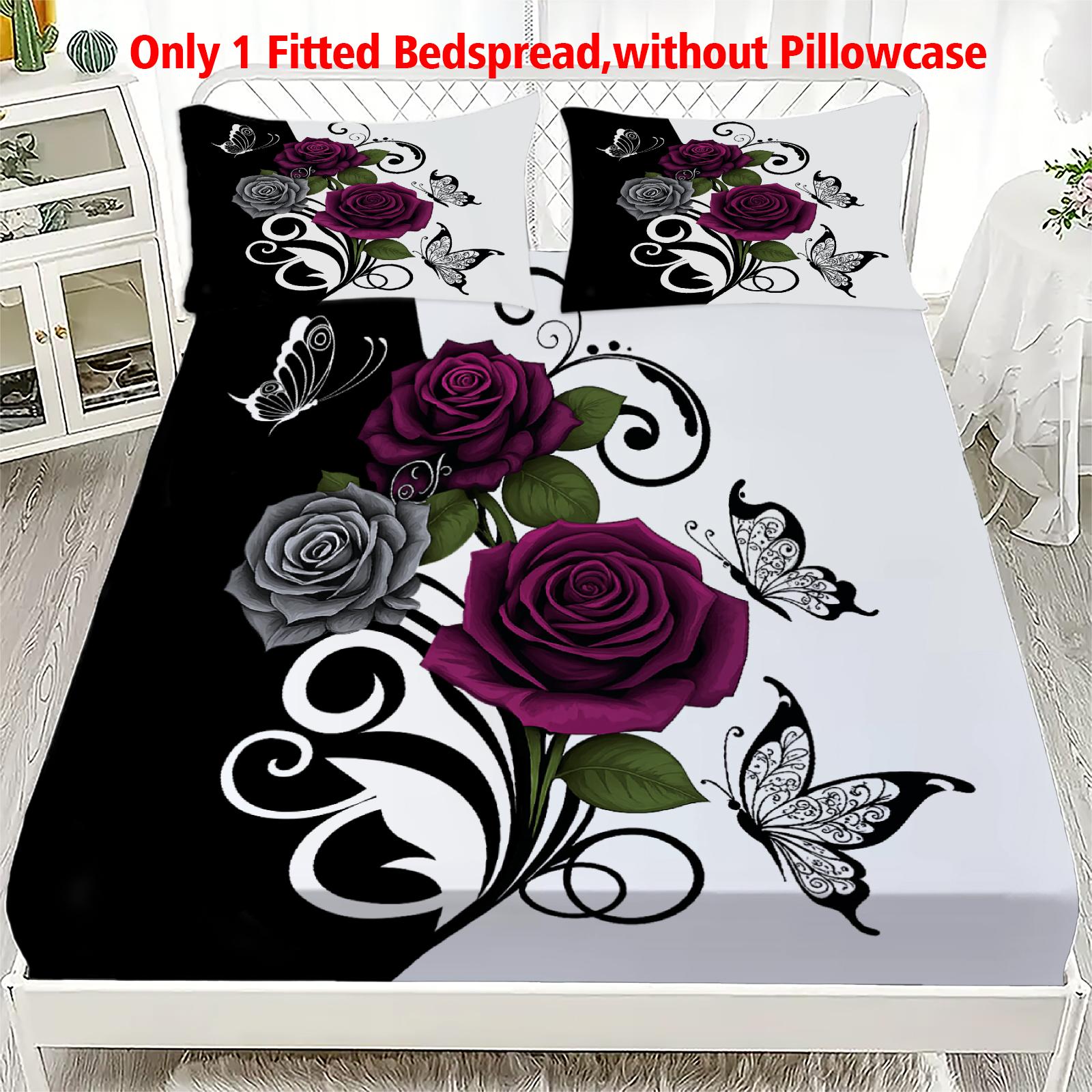 

1pc Butterfly Rose Print Fitted Sheet 100% Polyester Durable Bedding Set Sheet for Home Bedroom Decoration Birthday Gift 99x190x25cm