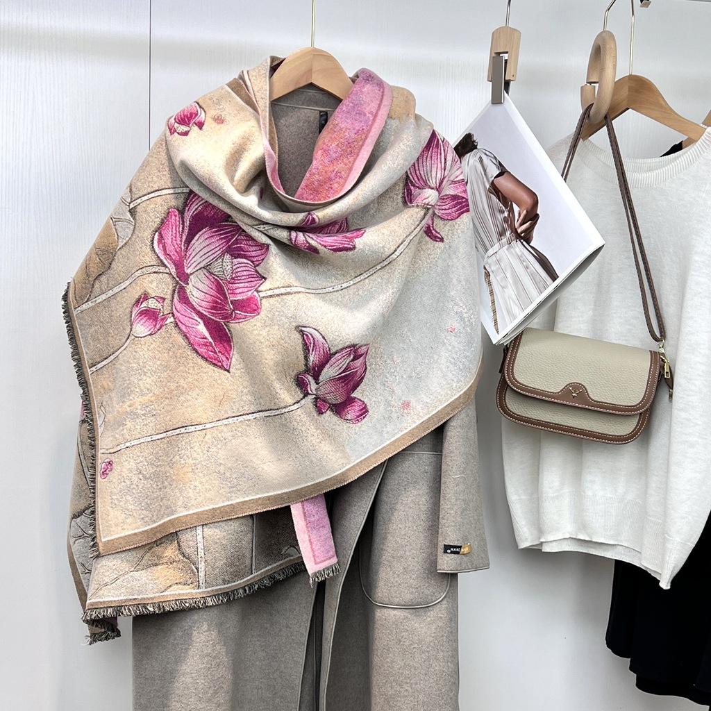 Autumn and winter national style plants and flowers new landscape painting elegant women imitation cashmere warm scarf fashion retro shawl