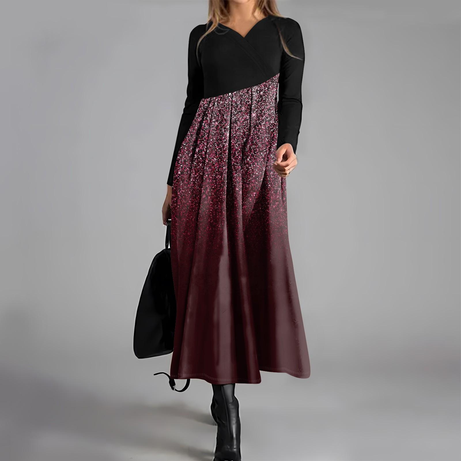 

Женское повседневное модное платье с V-образным вырезом и длинными рукавами, цветным градиентным принтом, карманом на талии, большим свободным платьем XL винный