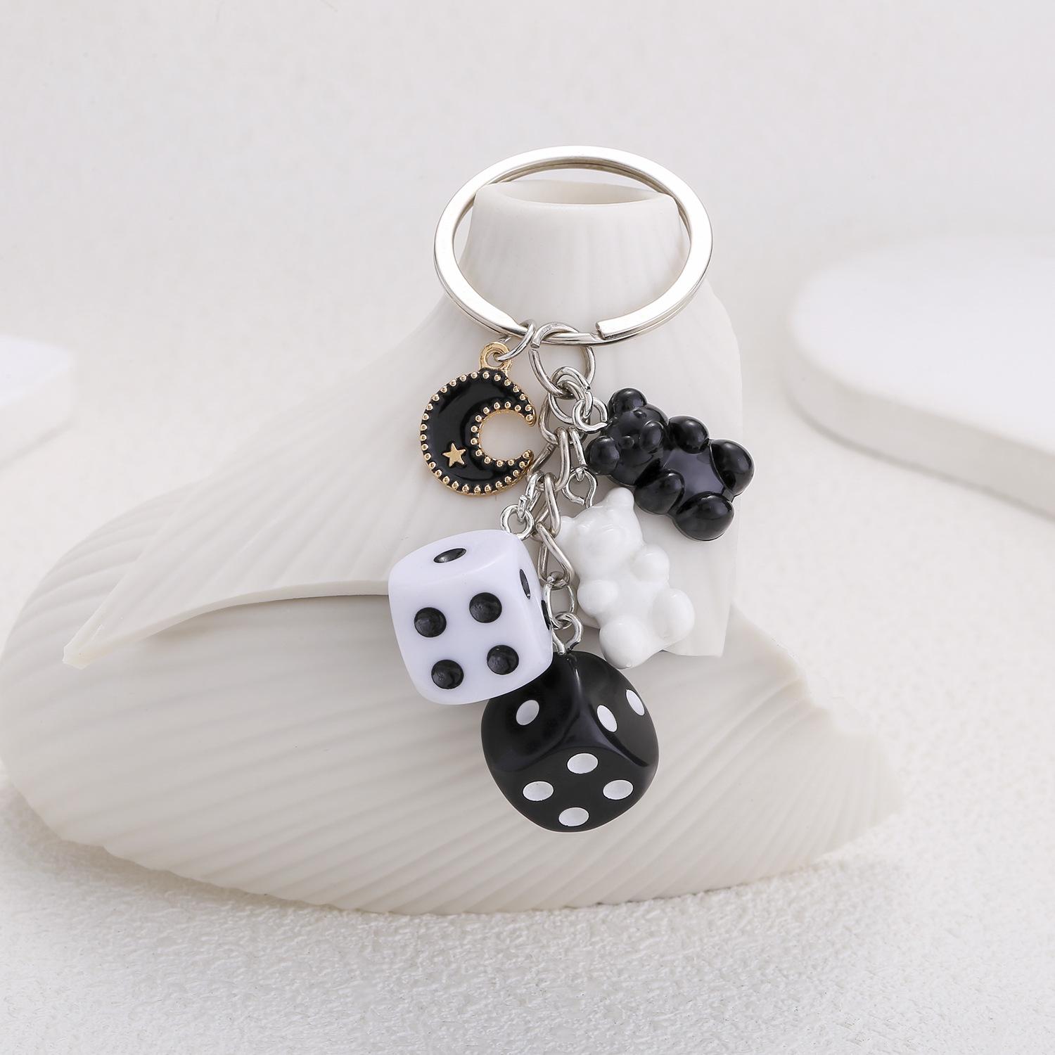 Black Resin Bear Moon Keychain: Cute Dice Pendant for Women