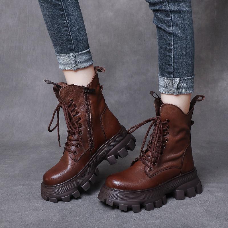 Women Genuine Leather Short Boots Round Toe Motorcycle Boots Handmade Retro Street Style Winter Warm Fur Women Flats Ankle Boots