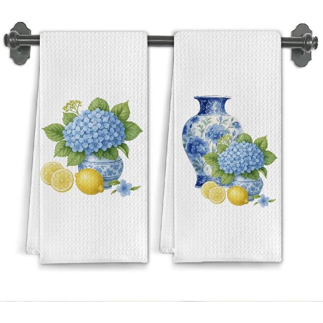 Italian Mediterranean Lemons Kitchen Towels, Capri Amalfi Coast Lemon Party Decorative Dish Tea Hand Towels for Kitchen Bathroom Decor,16x24 Inch Set