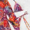 Women's Split Three Piece Set Printed Net Red Tie Dyed Lace Up Drawstring Swimsuit Bikini Sets