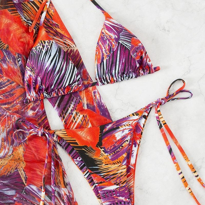 Women's Split Three Piece Set Printed Net Red Tie Dyed Lace Up Drawstring Swimsuit Bikini Sets