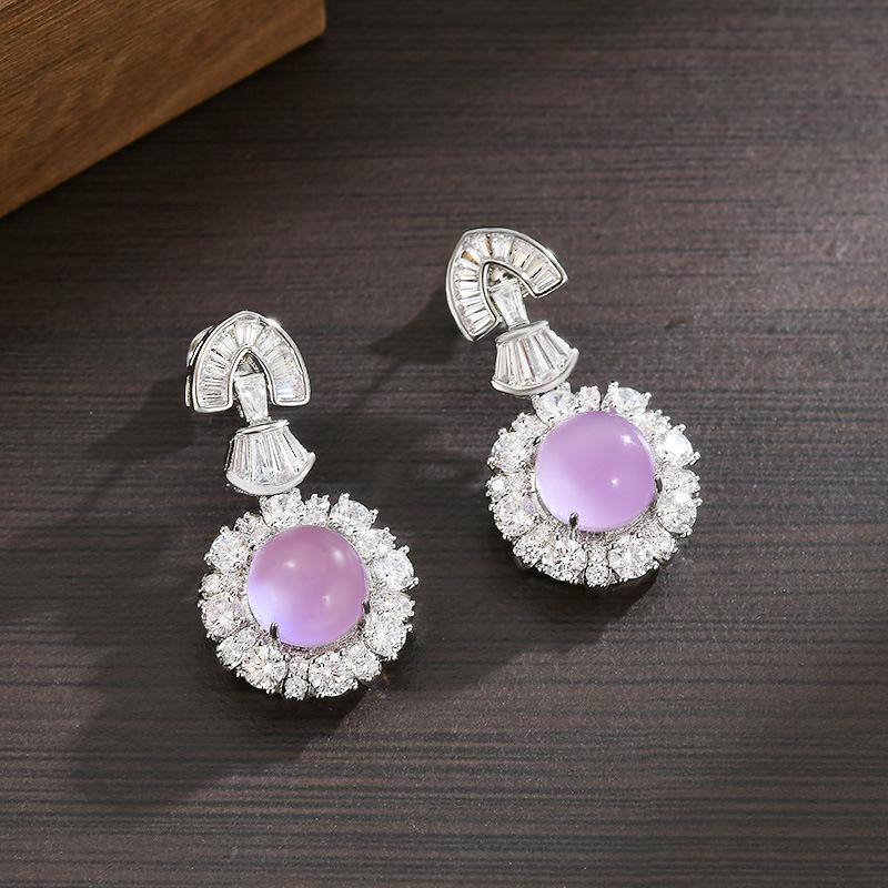 Elegant Ice Purple Egg-Shaped Earrings with Stepped Diamond Inlays