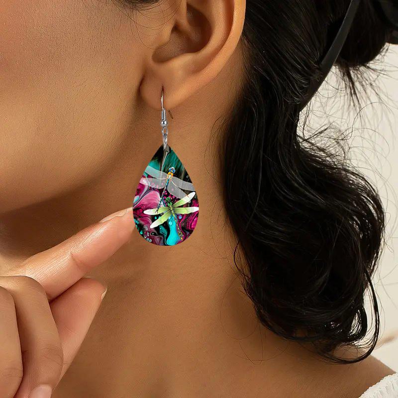 Starry Sky Flower Dragonfly Artificial Leather Earrings Spring Earrings Double-sided Printing Lightweight Earrings Teardrop Earrings