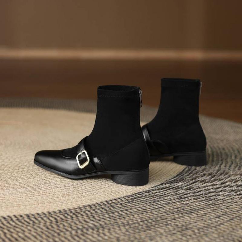 

Новые замшевые эластичные полусапожки на низком каблуке, нескользящая резиновая подошва, квадратный каблук, женские ботинки большого размера, осенне-зимние ботинки Мартин с квадратным носком 39