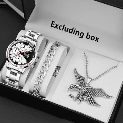 3PCS Set Fashion Mens Sports Watches Men Business Steel Quartz Wrist Watch Date Male Casual Necklace Bracelet Wristwatch Men Gift