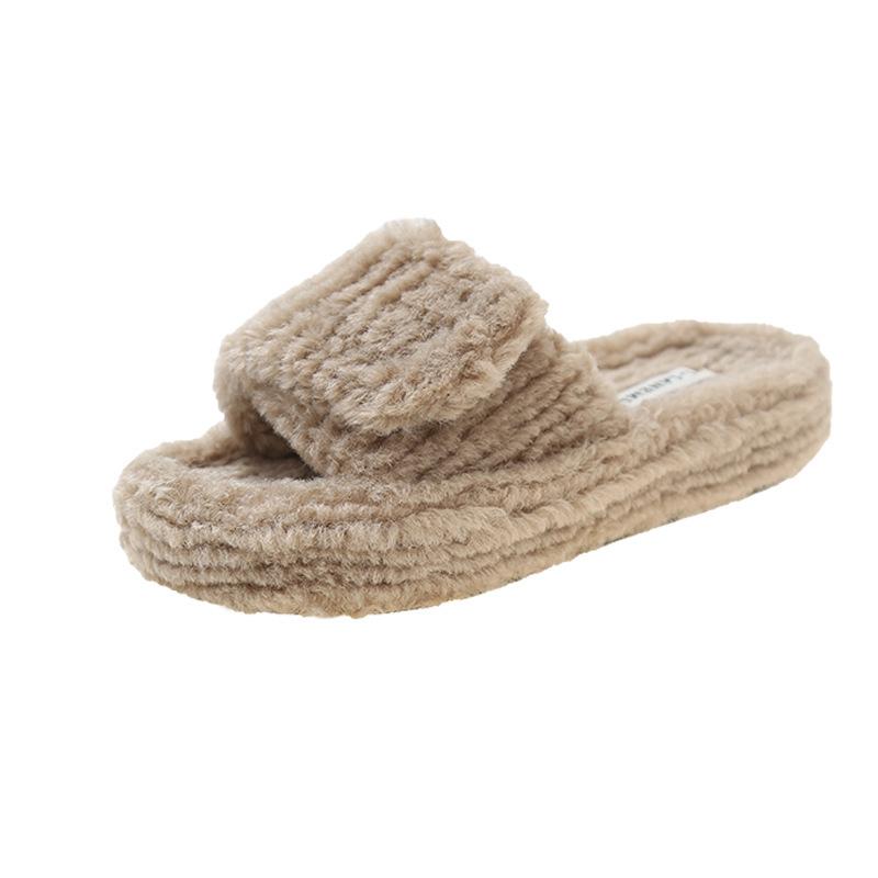 New one-word fluffy slippers for women's outer wear 2025 popular indoor warmth Velcro soft cotton drag foreign trade