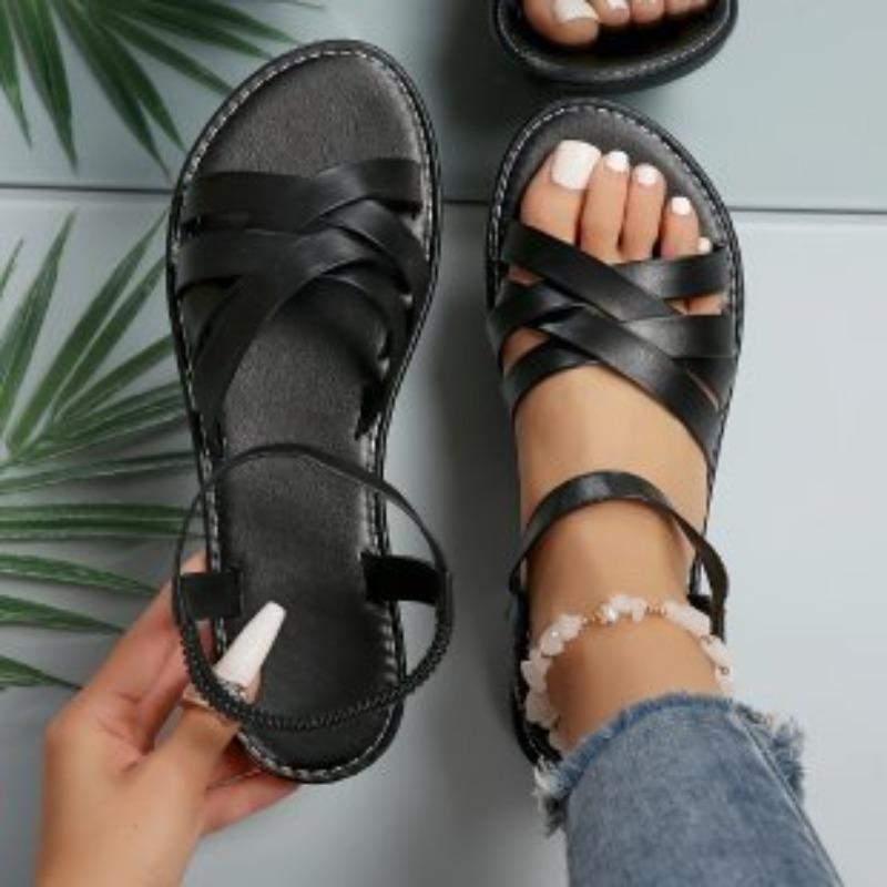 New Large-sized Flat Sandals for Women, Elastic Cross-band Beach Shoes for Women